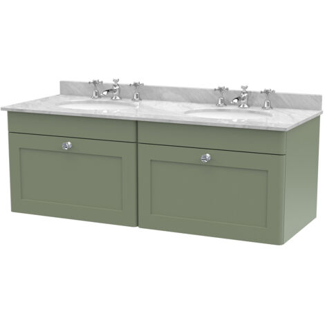 Nuie Classique Satin Green 1200mm Wall Hung 2 Drawer Vanity Unit with Grey Marble Countertop and 2 Round Basins with 6 Tap Holes - CLC894GR6 (1/2)