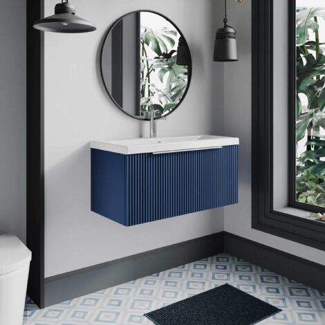 Hudson Reed Fluted Satin Blue 800mm Wall Hung Single Drawer Vanity Unit and Thin Edge Ceramic Basin - DFF396D