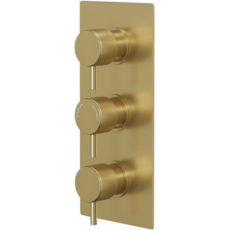 Colore Round Brushed Brass Concealed Triple Thermostatic Shower Valve with Fully Knurled Control Handles - 2 Outlet