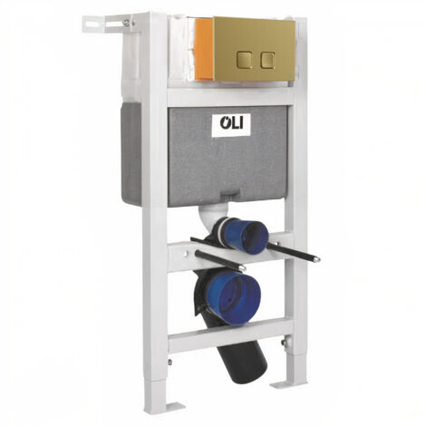 OLI Expert Plus Mechanical Low Height Concealed Cistern with Wall Frame and Basal Brushed Brass Soft Touch Dual Flush Plate with Square Buttons