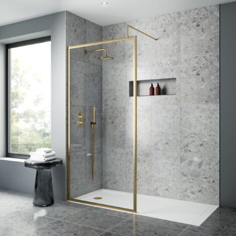 Nuie 1100mm x 1850mm Full Outer Frame Wetroom Shower Screen with Brushed Brass Support Bar - WRFBB1811 (1/4)