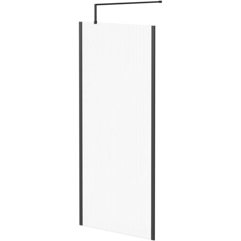 Colore 8mm Fluted Glass Matt Black 1850mm x 900mm Walk In Shower Screen including Wall Channel with End Profile and Support Bar (1/5)