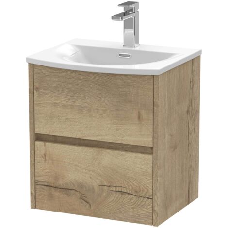 Nuie Havana Autumn Oak Woodgrain 500mm Wall Hung 2 Drawer Vanity Unit and Curved Ceramic Basin - HAV802G (1/4)