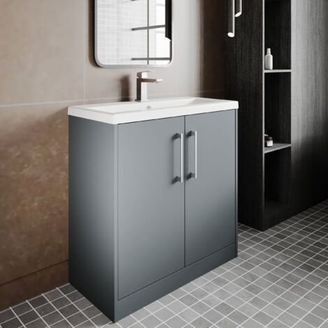 Hudson Reed Juno Matt Coastal Grey 800mm Floor Standing 2 Door Vanity Unit and Minimalist Ceramic Basin - JNU2305B (1/5)