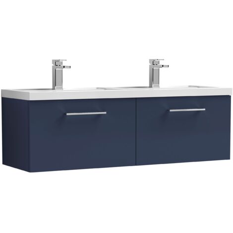 Nuie Arno Satin Midnight Blue 1200mm Wall Hung 2 Drawer Vanity Unit and Double Polymarble Basins - ARN2922C (1/5)
