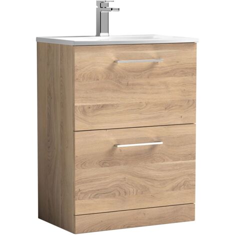 Nuie Arno Bleached Oak Woodgrain 600mm 2 Drawer Vanity Unit and Curved Ceramic Basin - ARN3033G (1/5)