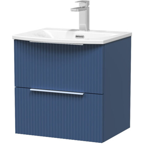 Hudson Reed Fluted Satin Blue 500mm Wall Hung 2 Drawer Vanity Unit and Curved Ceramic Basin - DFF392G (1/2)