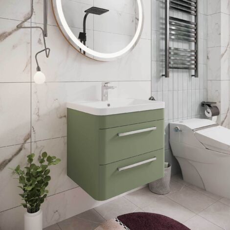 Hudson Reed Solar Matt Fern Green 600mm Wall Hung 2 Drawer Vanity Unit and Ceramic Basin - SOL802A (1/5)