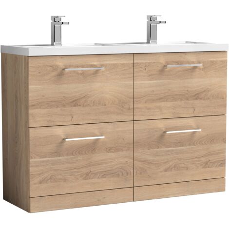 Nuie Arno Bleached Oak Woodgrain 1200mm 4 Drawer Vanity Unit and Double Polymarble Basins - ARN3033C (1/5)