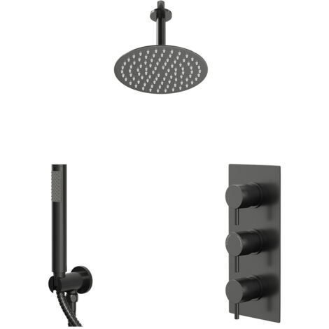 Colore Round Gunmetal Grey Concealed Triple Thermostatic Shower Valve and 200mm Fixed Head with 150mm Ceiling Arm and Outlet Holder with Kit - 2 Outlet (1/5)
