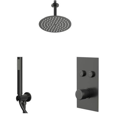 Colore Round Gunmetal Grey Push Button Diverter Concealed Thermostatic Shower Valve and 200mm Fixed Head with 150mm Ceiling Arm and Outlet Holder with Kit - 2 Outlet (1/5)