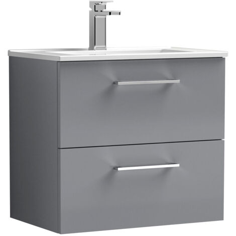 Nuie Arno Satin Grey 600mm Wall Hung 2 Drawer Vanity Unit and Minimalist Ceramic Basin - ARN2224B (1/2)