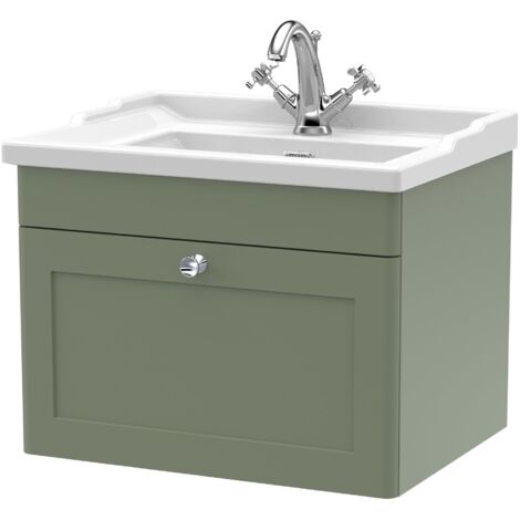 Nuie Classique Satin Green 600mm Wall Hung Single Drawer Vanity Unit and 35mm Profile Traditional Basin - CLC894F (1/5)
