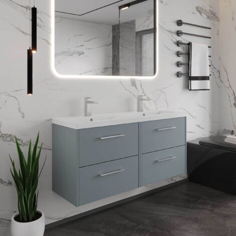 Hudson Reed Juno Matt Coastal Grey 1200mm Wall Hung 4 Drawer Vanity Unit and Twin Polymarble Basins - JNU2324C (1/5)