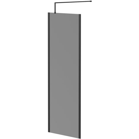 Colore 8mm Smoked Glass Matt Black 1950mm x 700mm Walk In Shower Screen including Wall Channel with End Profile and Support Bar (1/5)
