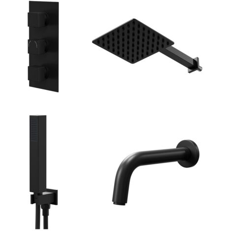 Colore Square Matt Black Concealed Triple Thermostatic Shower Valve with Diverter and 200mm Fixed Head with 345mm Wall Arm and Outlet Holder with Kit and Bath Spout - 3 Outlet (1/5)