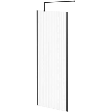 Colore 8mm Fluted Glass Matt Black 1850mm x 800mm Walk In Shower Screen including Wall Channel with End Profile and Support Bar (1/5)