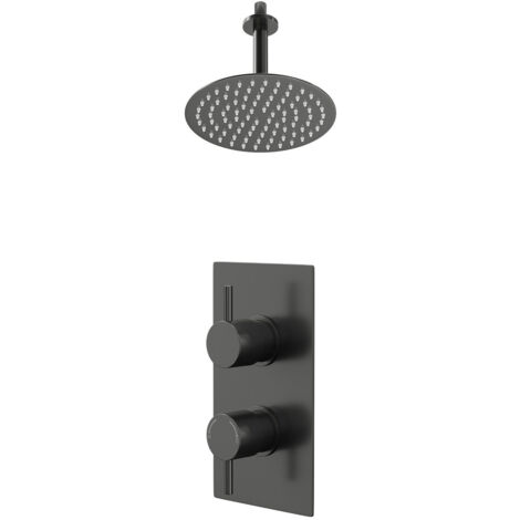 Colore Round Gunmetal Grey Concealed Twin Thermostatic Shower Valve and 200mm Thin Round Fixed Head with 150mm Ceiling Arm - 1 Outlet (1/5)