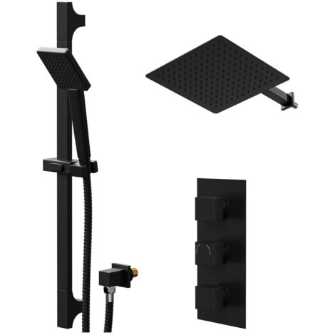 Colore Square Matt Black Concealed Triple Thermostatic Shower Valve and 300mm Thin Square Fixed Head with Wall Arm and Square Slide Rail Kit with Square Elbow - 2 Outlet (1/5)