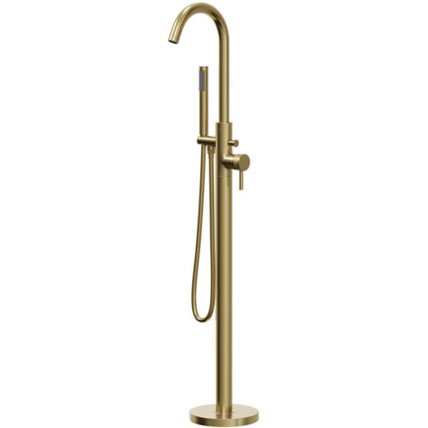 Colore Round Brushed Brass Freestanding Bath Shower Mixer with Half Knurled Tap Heads