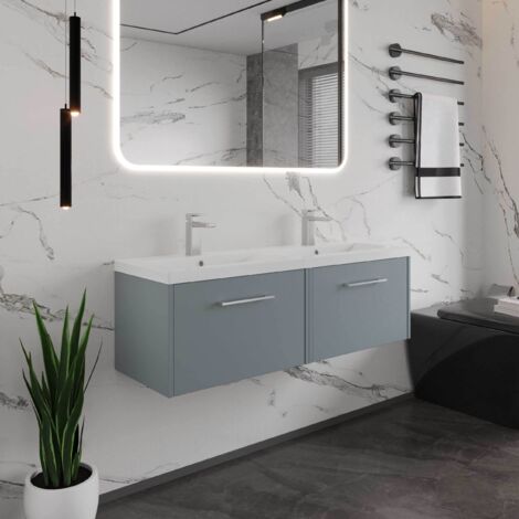 Hudson Reed Juno Matt Coastal Grey 1200mm Wall Hung 2 Drawer Vanity Unit and Twin Polymarble Basins - JNU2322C (1/5)