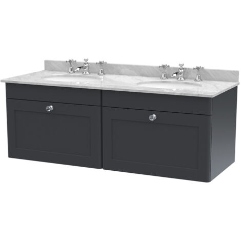 Nuie Classique Satin Soft Black 1200mm Wall Hung 2 Drawer Vanity Unit with Grey Marble Countertop and 2 Round Basins with 6 Tap Holes - CLC1494GR6 (1/2)