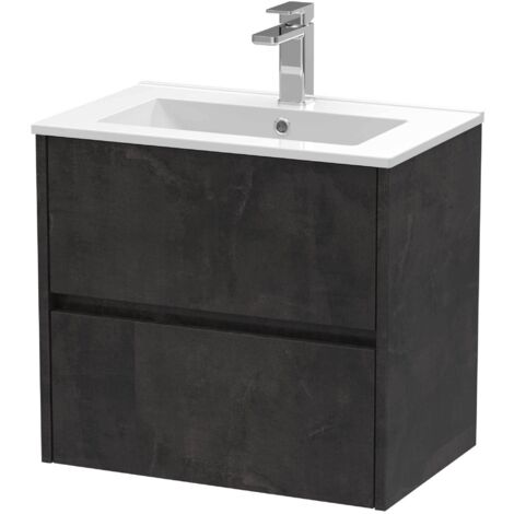 Nuie Havana Matt Metallic Slate 600mm Wall Hung 2 Drawer Vanity Unit and Minimalist Ceramic Basin - HAV2604B (1/4)