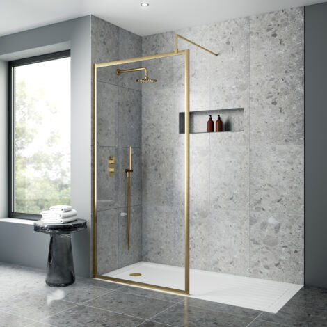 Nuie 1200mm x 1850mm Full Outer Frame Wetroom Shower Screen with Brushed Brass Support Bar - WRFBB1812 (1/4)