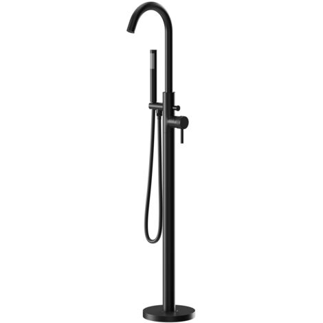 Colore Round Matt Black Freestanding Bath Shower Mixer with Half Knurled Tap Heads (1/5)