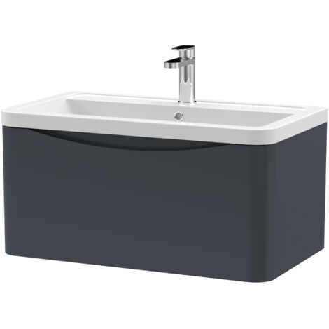 Nuie Lunar Satin Soft Black 800mm Wall Hung Single Drawer Vanity Unit and Ceramic Basin - LUN1406A (1/3)