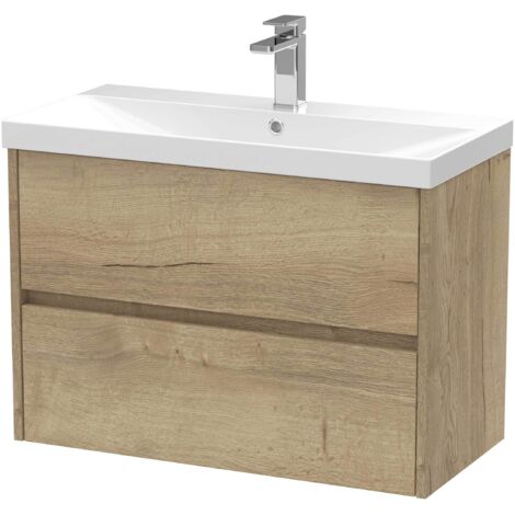 Nuie Havana Autumn Oak Woodgrain 800mm Wall Hung 2 Drawer Vanity Unit and Thin Edge Ceramic Basin - HAV806D