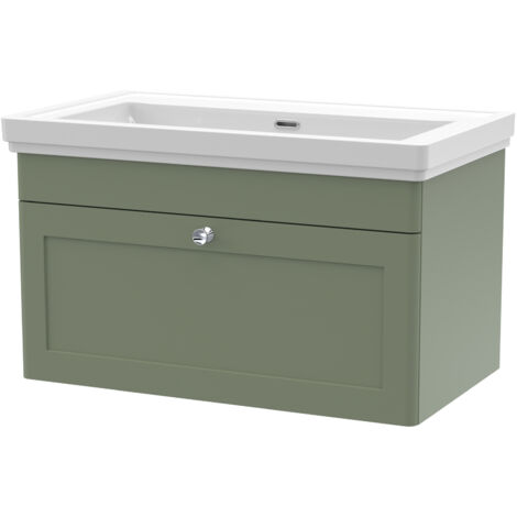 Nuie Classique Satin Green 800mm Wall Hung Single Drawer Vanity Unit and 66mm Profile Basin - CLC896H (1/3)