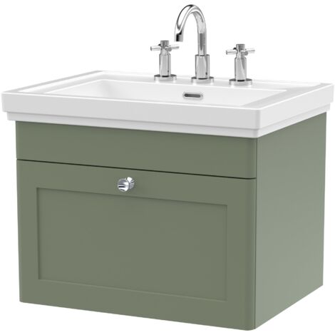Nuie Classique Wall Hung 1-Drawer Vanity Unit with Basin 600mm Wide Satin Green - 3 Tap Hole (1/5)