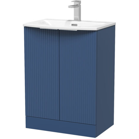 Hudson Reed Fluted Satin Blue 600mm 2 Door Vanity Unit and Curved Ceramic Basin - DFF325G (1/2)
