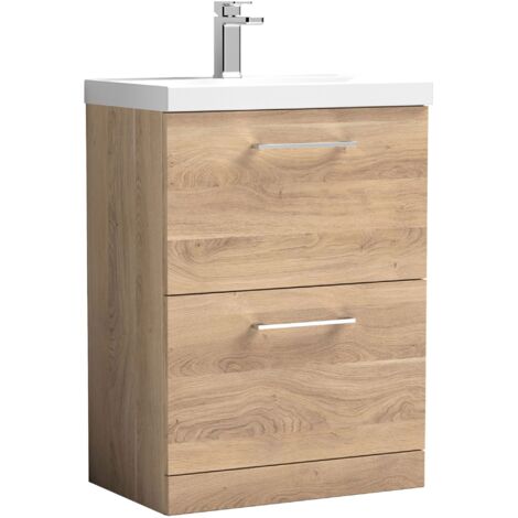 Nuie Arno Bleached Oak Woodgrain 600mm 2 Drawer Vanity Unit and Thin Edge Ceramic Basin - ARN3033D (1/5)