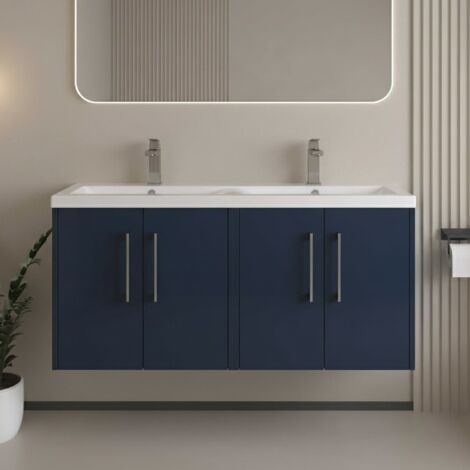 Hudson Reed Juno Satin Midnight Blue 1200mm Wall Hung 4 Door Vanity Unit and Twin Polymarble Basins - JNU2923C (1/5)