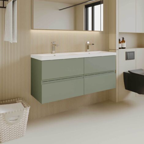 Hudson Reed Urban Satin Green 600mm Wall Hung 2 Drawer Vanity Unit and Twin Polymarble Basins - URB804C (1/5)