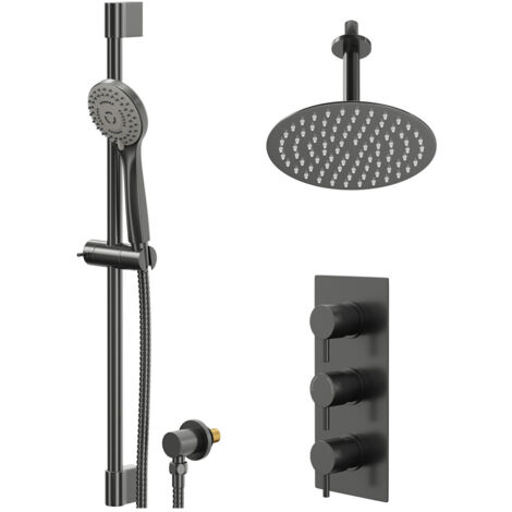Colore Round Gunmetal Grey Concealed Triple Thermostatic Shower Valve and 200mm Fixed Head with 150mm Ceiling Arm and Slide Rail Kit - 2 Outlet (1/5)