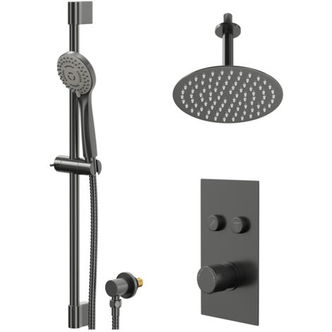 Colore Round Gunmetal Grey Push Button Diverter Concealed Thermostatic Shower Valve and 200mm Fixed Head with 150mm Ceiling Arm and Slide Rail Kit - 2 Outlet (1/5)