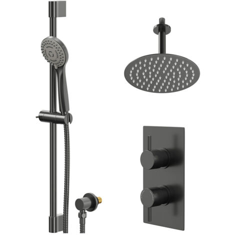 Colore Round Gunmetal Grey Concealed Twin Thermostatic Shower Valve with Diverter and 200mm Fixed Head with 150mm Ceiling Arm and Slide Rail Kit - 2 Outlets (1/5)