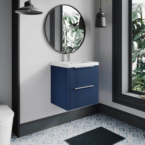 Hudson Reed Fluted Satin Blue 500mm Wall Hung 2 Drawer Vanity Unit and Thin Edge Ceramic Basin - DFF392D