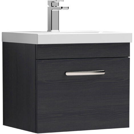 Nuie Athena Charcoal Black Woodgrain 500mm Wall Hung Single Drawer Vanity Unit and Thin Edge Ceramic Basin - ATH012D (1/10)