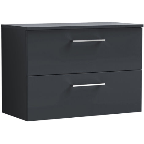 Nuie Arno Satin Soft Black 800mm Wall Hung 2 Drawer Vanity Unit with Worktop - ARN1426W (1/2)