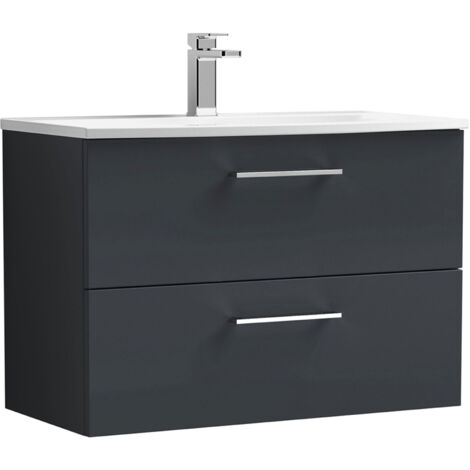 Nuie Arno Satin Soft Black 800mm Wall Hung 2 Drawer Vanity Unit and Curved Ceramic Basin - ARN1426G (1/4)