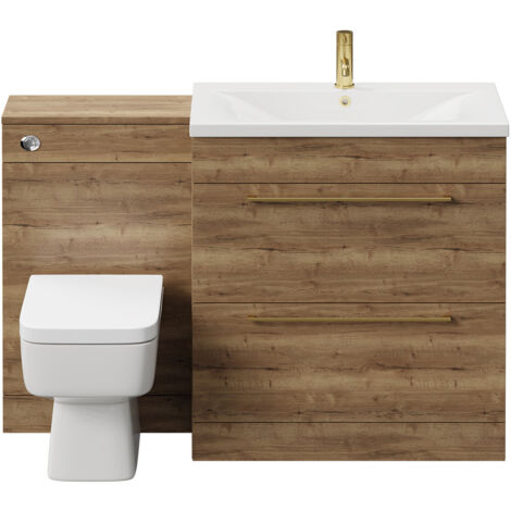 Napoli Tobacco Oak 1300mm Vanity Unit Toilet Suite with 1 Tap Hole Basin  and 2 Drawers with Brushed Brass Handles