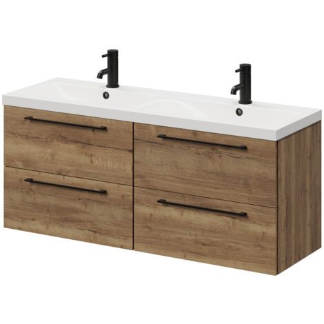 Napoli Tobacco Oak 1200mm Wall Mounted Vanity Unit with Ceramic Double Basin  and 4 Drawers with Matt Black Handles
