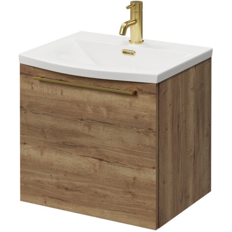 Napoli Tobacco Oak 500mm Wall Mounted Vanity Unit with 1 Tap Hole Curved  Basin and Single Drawer with Brushed Brass Handle