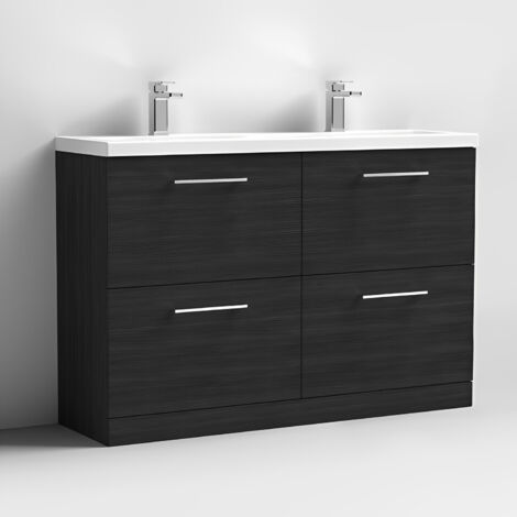 Nuie Arno Charcoal Black Woodgrain 1200mm 4 Drawer Vanity Unit with Double Ceramic Basins - ARN633F (1/3)