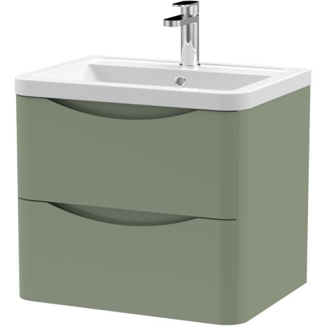Nuie Lunar Satin Green 600mm Wall Hung 2 Drawer Vanity Unit and Ceramic Basin - LUN802A (1/3)