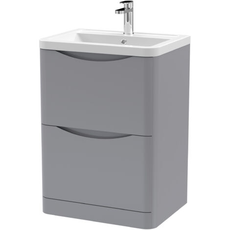Nuie Lunar Satin Grey 600mm 2 Drawer Vanity Unit and Ceramic Basin - LUN201A (1/3)